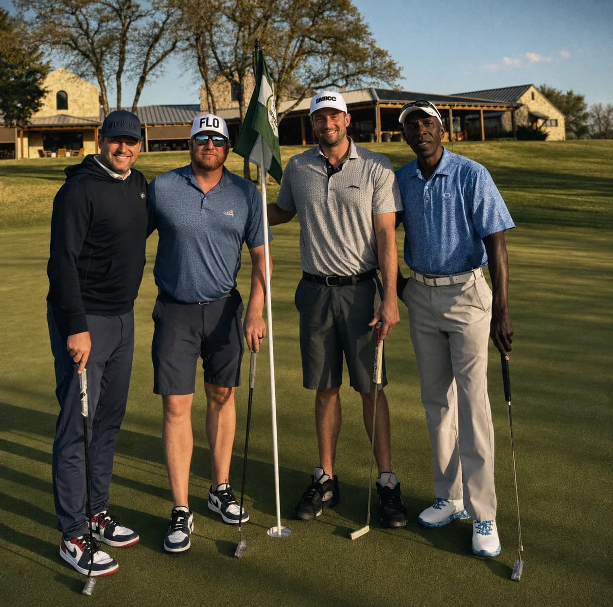 Four golfers gathered around a flag on the green