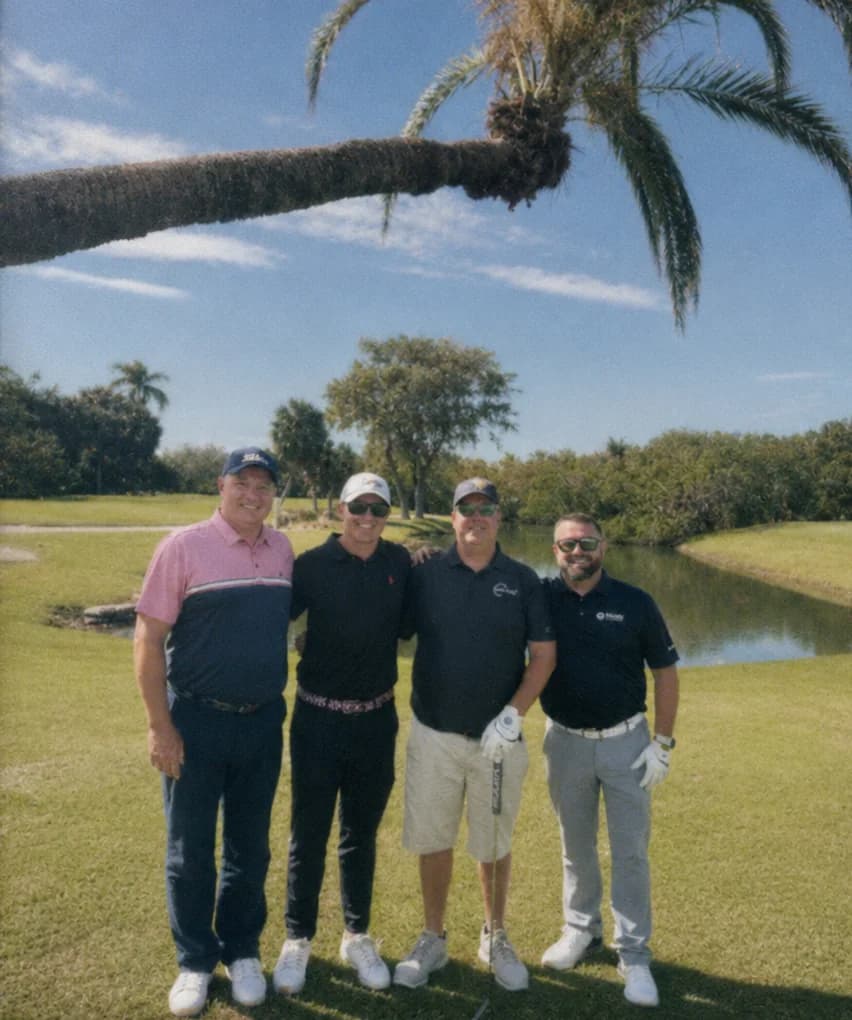 Four golfers standing beneath a palm tree beside the course