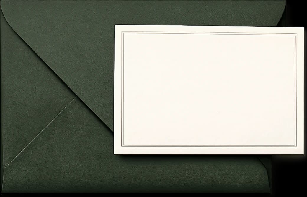A cream invitation card resting on a deep green envelope