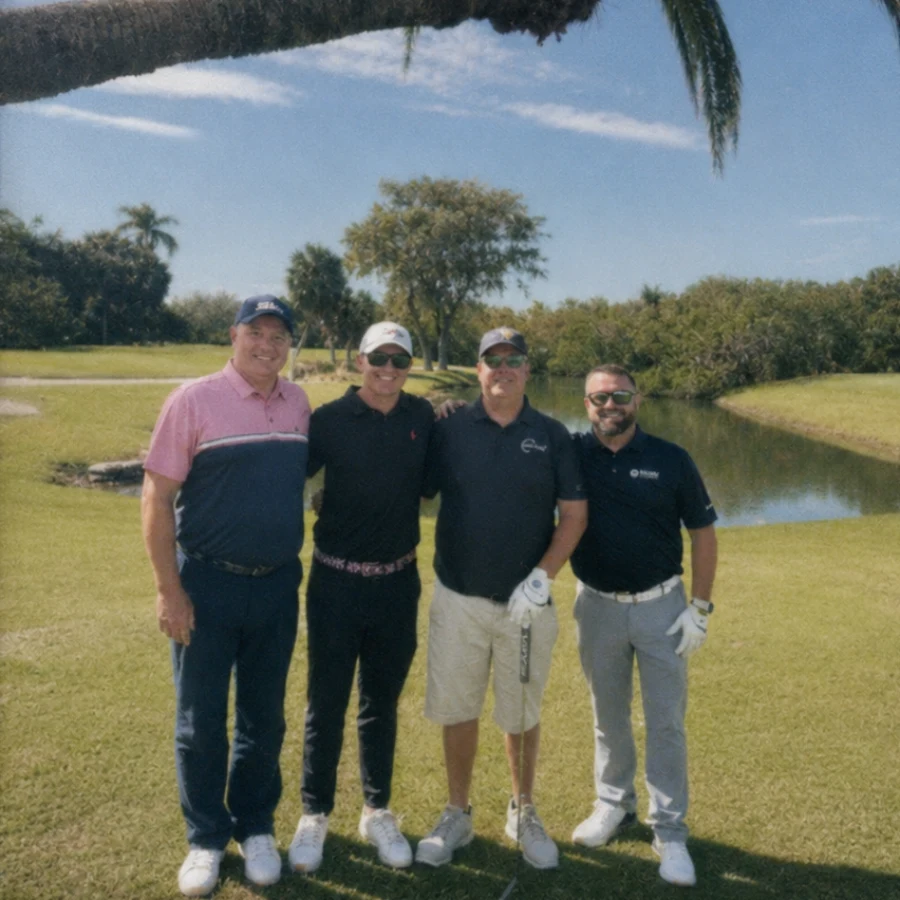 Four golfers under a palm beside the water