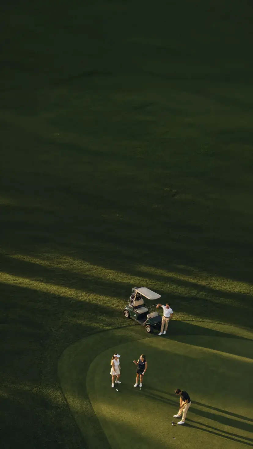 Aerial view of golfers and a golf cart on a putting green at sunset